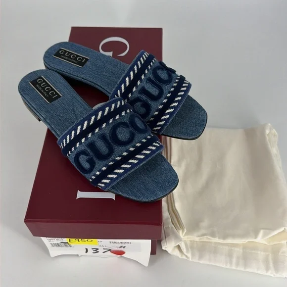 Gucci 36.5 Denim Jean Jane Logo Blue Stripe Slides Sandals E950 - Picture 2 of 14